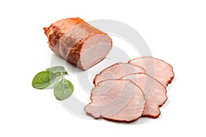 Smoked sausage salami bacon with slices isolated on white background with herbal and pepper clipping path and full depth of field