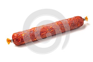 Smoked sausage. Top view. Isolated on a white