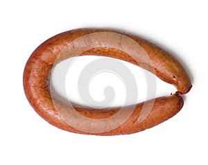 Smoked sausage on a white background. Meat snacks