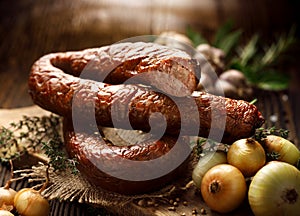 Smoked sausage on a wooden rustic table with addition of fresh aromatic herbs and spices