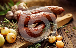 Smoked sausage on a wooden rustic table with addition of fresh aromatic herbs and spices