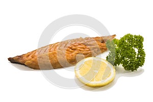 Smoked scottish mackerel with lemon and parsley on white backgro