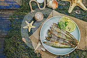 Smoked smelt with fresh lemon and herbs. Salted fish with marine decor. Trendy dish, sea rope