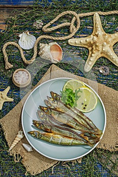 Smoked smelt with fresh lemon and herbs. Salted fish with marine decor. Trendy dish, sea rope