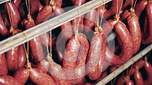 Smoked tied-up sausages storaged in the factory fridge