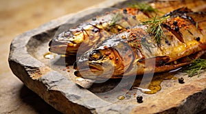 Smoked trout with spices on a stone tray.