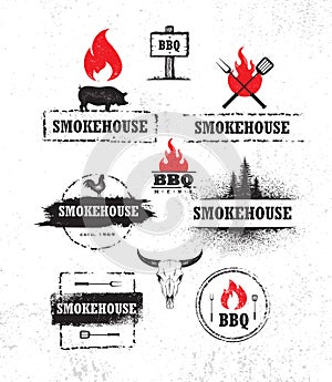 Smokehouse Barbecue Meat On Fire Menu Artisanal Vector Design Element. Outdoor Meal Creative Rough Sign