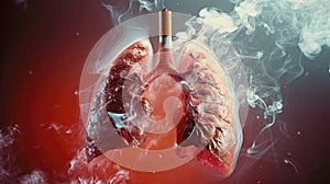 A smoker's lungs are spoiled sick from the tobacco smoke of cigarettes. The harm of smoking. banner