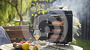 The smokers compact size makes it perfect for any outdoor space providing the delicious taste of smoked food without photo