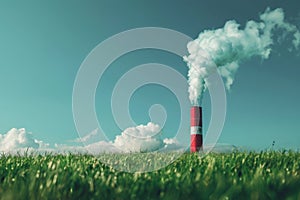 Smokestack emitting smoke against sky and grass