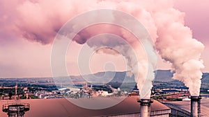 Smokestack pipe factory pollution in the city, Fuel Power Plant Smokestacks Emit Carbon Dioxide Pollution photo