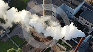 Smokestack with smoke from boiler house, aerial