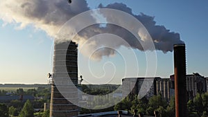 Smokestack with smoke from boiler house, aerial