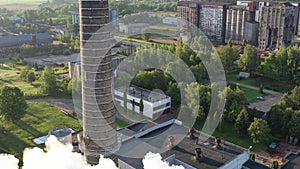 Smokestack with smoke from boiler house, aerial