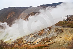Smokey active sulphur vent at Owakudani valley in Fuji volcanic zone Hakone, Japan