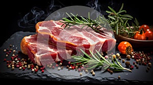 Smokey Bacon With Rosemary On Dark Stone Background