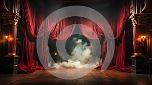 Smokey Theatre Stage with Red Velvet Curtains. Generative AI