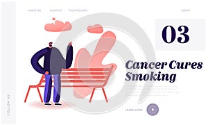 Smoking Addiction Bad Unhealthy Habit Website Landing Page. Male Character Smoking Cigarette near Bench in Park