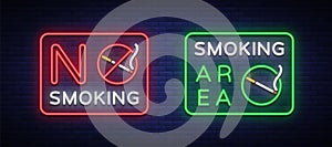 Smoking area and no smoking vector neon signs. Neon symbol,