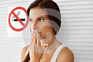 Smoking. Beautiful Woman With No Smoking Sign On Background