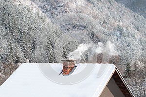 Smoking chimney at winter forest background