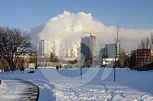 Smoking chimneys of the power plant. Moscow, Russia