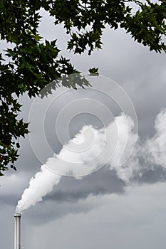 A factory smokestack emitting white smoke against a stormy sky with foliage in the foreground