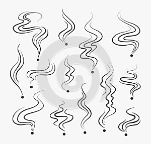 Smoking fumes line icons. Vector smoke smell spiral scent signs