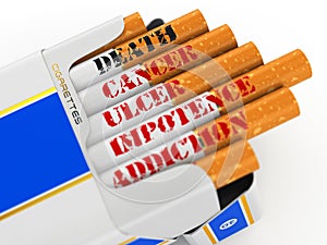 Smoking kills. Cigarette pack with text cancer and death.