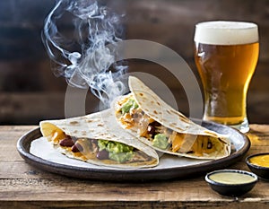 Smoking mexican mexican beans and meat quesadillas and a glass of beer on a dish at a table