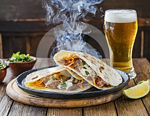 Smoking mexican mexican meat quesadillas and a glass of beer on a dish at a wooden table