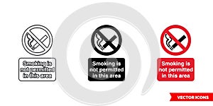 Smoking is not permitted in this area prohibitory sign icon of 3 types color, black and white, outline. Isolated vector sign