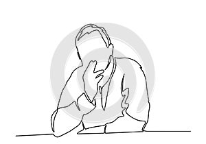 Smoking old man sitting on a bench one line illustration. A man with cigarette smoking continuous line art silhouette