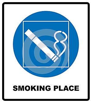 Smoking permited in this place icon. Smoking area. Round blue sign with white pictogram and black text. Vector