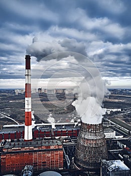 Smoking pipes of thermal power plant. Aerial view. Pipes of thermal power plant. heating of the city.