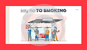Smoking in Public Place, Bad Habit Landing Page Template. Male Characters Smoke near Prohibited Sign on Bus Stop photo