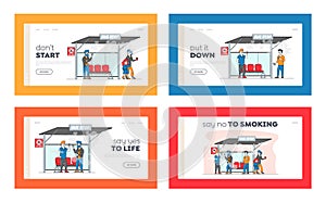 Smoking in Public Place, Bad Habit Landing Page Template Set. Characters Smoke near Prohibited Sign on Bus Stop
