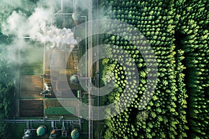 Smoking stacks and vapor from the cooling towers and plants. Decarbonisation technological solution. Sustainable climate photo