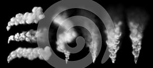 Smoking steam. Smoke puff from chimney, steaming geysir vapour and explosion cloud isolated vector set