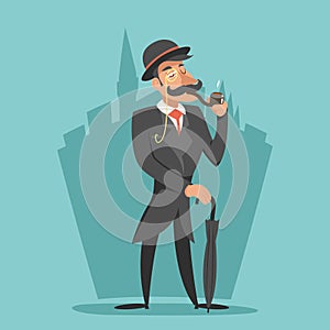 Smoking Victorian Gentleman Umbrella Cartoon Character Icon on Stylish English City Background Retro Vintage Great