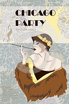 Smoking woman in retro style on Chicago party poster