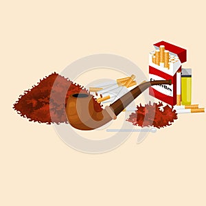 Smoking wooden pipe with tobacco for rolled cigarette and pack smoking equipment vector illustration