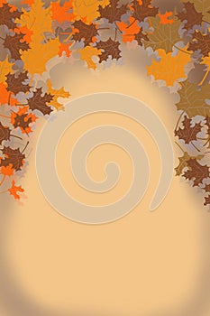 Smoky arbor of hand drawn Autumn tree leaves at the top of page for header border background design, on tan antiqued background
