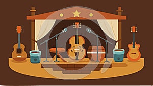 A smoky bar with a stage set up for a traditional bluegrass band complete with fiddles and banjos. Vector illustration. photo