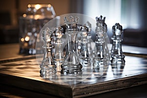 smoky and clear glass chess pieces on a board