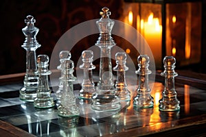 smoky and clear glass chess pieces on a board