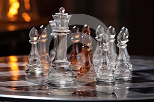 smoky and clear glass chess pieces on a board