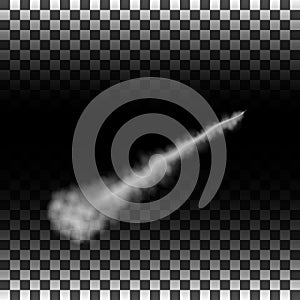 Smoky effect after the rocket. Smoke, steam on transparent background. Aircraft, condensation trail. Vector illustration.