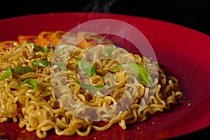 smoky fried noodles with tomatoes and scallion topping on a red plate