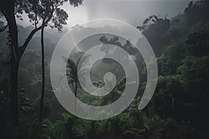 smoky jungle on stormy day, with heavy rain and lightning filling the sky